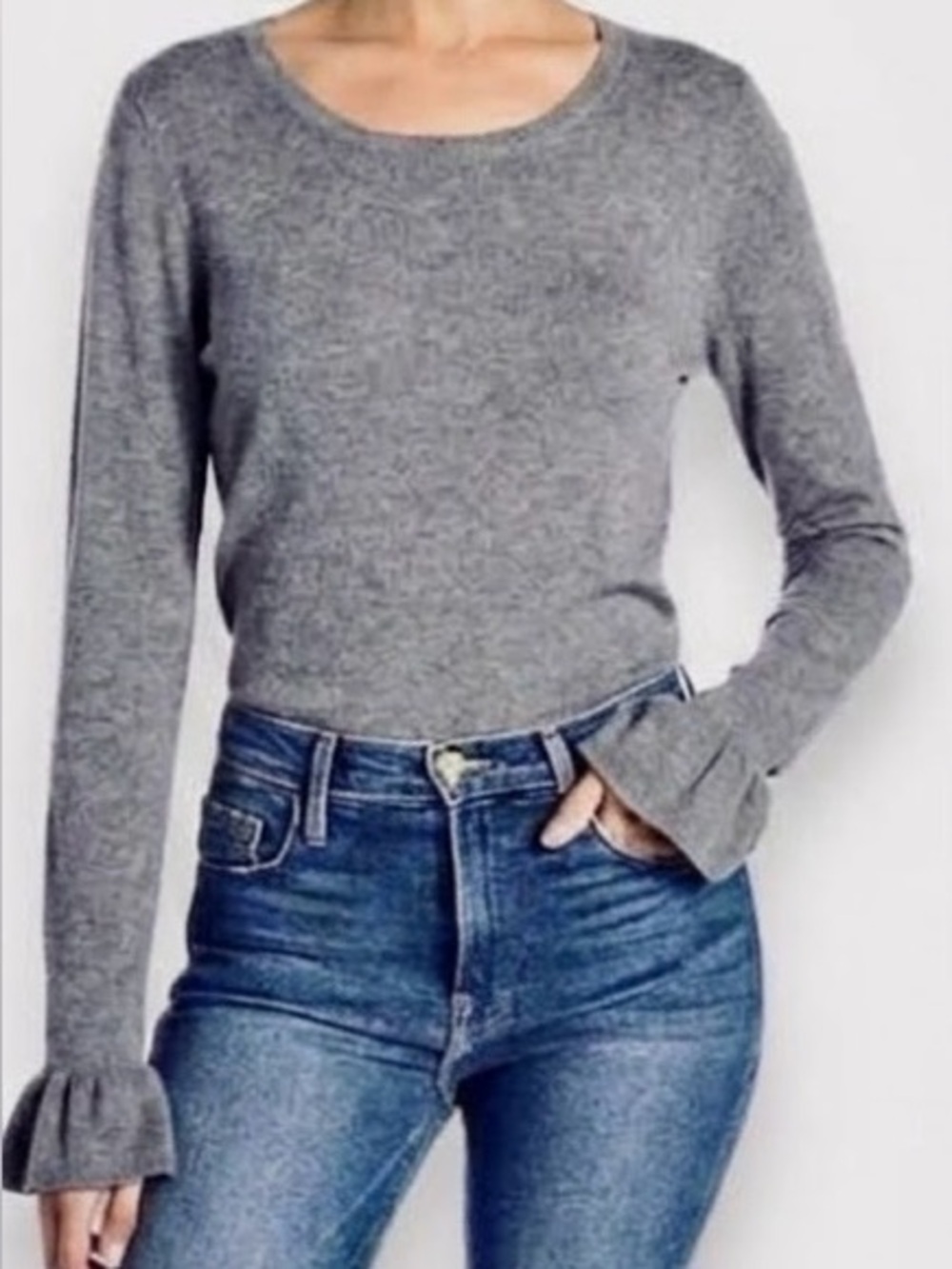 14th & UNION Heather Grey 100% Modal Ruffle Cuff Long Sleeve Tee T-shirt Top